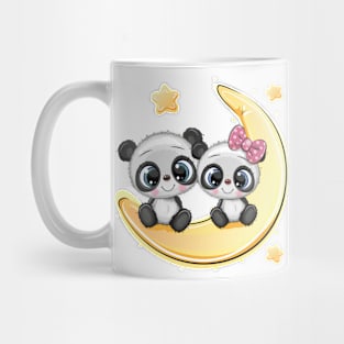 Two cute pandas is sitting on the moon. Mug